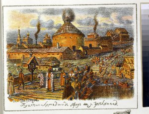Pyykkikanuuna Neglinnaya-joella (Neglimna, Neglinna, Neglinka), 1600-luvulla. Appolinari Mikhaylovich Vasnetsovin (1856-1933) teos, litografia tekijältä Apollinari Mikhailovich Vasnetsov