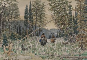 Metsästäjät hevosen selässä mäntymetsässä tekijältä Apollinari Mikhailovich Vasnetsov