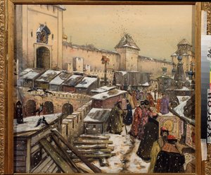 Moskova 1600-luvulla, kirjakaupat Kristus Vapahtaja -sillalla (Moskova 1600-luvulla, kirjakaupat Kristus Vapahtaja -sillalla) - Appolinari Mykhaylovich Vasnetsovin (1856-1933) teos, akvarelli ja valkoinen pahville tekijältä Apollinari Mikhailovich Vasnetsov