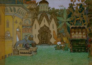 Lavastus N. Rimski-Korsakovin oopperaan Legenda Kitezhin näkymättömästä kaupungista ja Neitsyt Fevronia, 1907 tekijältä Apollinari Mikhailovich Vasnetsov