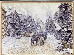 Vanha Moskova. Perinteistä puuarkkitehtuuria lumen alla. Appolinari Mikhaylovich Vasnetsovin (1856-1933) työ, akvarelli ja liitu paperille tekijältä Apollinari Mikhailovich Vasnetsov
