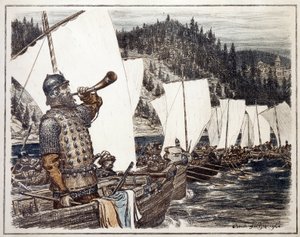 Yermak Timofejevitš (noin 1540-1585) Irtysh-joella. (Jermak Timofejevitš Irtyshillä). Jakso Siperian tutkimisesta ja valloituksesta, 1583. Appolinari Mikhaylovich Vasnetsovin (1856-1933) teos, litografia 1916. Venäläinen taide, 20.