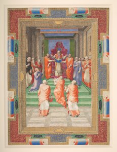 Paavin seremonia, Paavali IV seisoo paavin valtaistuimen edessä, Add. MS 35254 Q, n. 1555-59 (vellum) tekijältä Apollonio di Bonfratelli