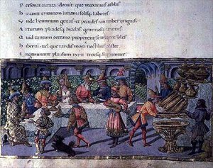 Ms 492 f.75 Bankettikohtaus Aeneidasta (pergamentti). tekijältä Apollonio di Giovanni di Tommaso