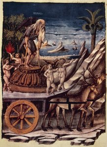 Ajan voitto, peuran vetämät ajan vaunut, Apollonio di Giovannin (1415 tai 1417-noin 1465) pienoiskuva Triumphsista, Francesco Petrarcan (1304-1374) allegorinen runo, käsikirjoitus 1129, folio 42, verso, Italia