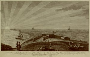 Joukko sotilaita lepää etualalla kukkulan päällä, takana Fort Royal, taustalla purjelaivoja ja mereen laskevaa aurinkoa tekijältä Archibald (after) Campbell