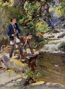 Taimen pyynti (väri litho) tekijältä Archibald Bertram (after) Webb