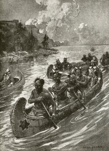 Samuel De Champlain vuonna 1608 kiipeämässä St Lawrence-jokea ystävällisten intiaanien kanooteissa (litho) tekijältä Archibald Bertram (after) Webb