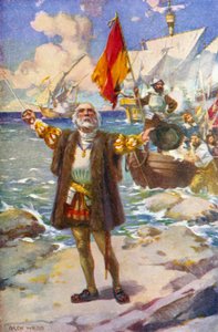 Kolumbuksen laskeutuminen (väri litho) tekijältä Archibald Bertram (after) Webb