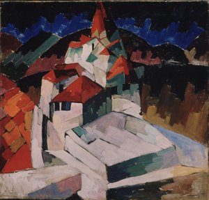 Kirkko Kislovodskissa (Pohjois-Kaukasus, Venäjä) (Kislovodskin kirkko). Kubistinen kuvaus uskonnollisesta rakennuksesta maisemassa. Aristarkh Vasilijevitš Lentulov (Lentulov) (1882-1943) maalaus, öljy kankaalle tekijältä Aristarkh Vasilievic Lentulov
