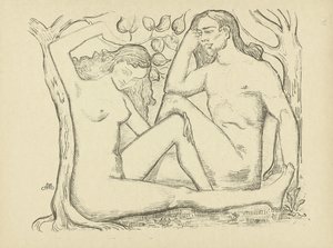 Aadam ja Eeva istuvat puun vieressä Alaston mies ja nainen L
