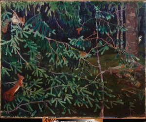 Metsän asukkaat. (Oksissa oravia ja runkoa nokkiva lintu). Arkadi (Arkady) Aleksandrovich Rylovin (1870-1939) maalaus öljy kankaalle
