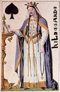 Kaarle Suuren (Kaarles I) vaimon Hildegarde de Vintzgaun (757-783) edustaja. Yksityiskohta pelikortista, jonka on valmistanut Gustave Houbigant (1789-1862) 1800-luvun Paris B.N.