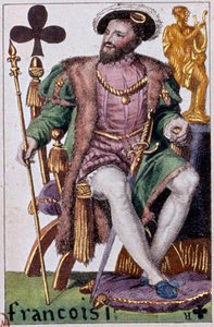 Kuningas Francois I:n (1494-1547) edustus. Yksityiskohta pelikortista, jonka on valmistanut Gustave Houbigant (1789-1862) 1800-luvun Paris B.N.