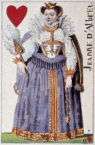 Edustus kuningatar Joanna Albretin (Joan III Navarralainen) (1528-1572) Henrik IV:n (1553-1610) äiti. Yksityiskohta pelikortista, jonka on valmistanut Gustave Houbigant (1789-1862) 1800-luvun Paris B.N.