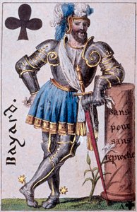 Edustaa ritari Pierre Terrailia, Bayardin herraa (1476-1524). Yksityiskohta pelikortista, jonka on valmistanut Gustave Houbigant (1789-1862) 1800-luvun Paris B.N.