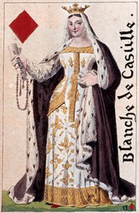 Kastilian valkoisen kuningattaren (1188-1252) esitys. Yksityiskohta pelikortista, jonka on valmistanut Gustave Houbigant (1789-1862) 1800-luvun Paris B.N.