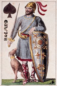 Edustus ritari Rolandista (tai Hroudlandista), Bretagnen marquisista. Yksityiskohta pelikortista, jonka on valmistanut Gustave Houbigant (1789-1862) 1800-luvun Paris B.N.