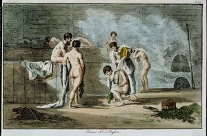 Venäläisiä miehiä saunassa, teoksesta Moeurs et Coutumes Russes, 1821 (värillinen litografia).