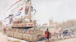 Kuninkaallinen proomu, jota hevoset vetivät vaunussa kanavaan 1500-luvulla tekijältä Armand Jean Heins