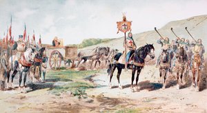 Ristiretkeläiset marssilla 1000-luvulla hevosvetoisella huoltovaunulla, 1886