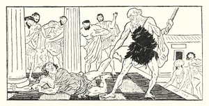 Odysseus vetää Irusta ulos salista (litho)