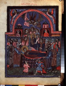 Neitsyen nukkuminen. (Neitsyen Dormition). Valaistus Codex Matenadaranin mestarilta (1200-luku), miniatyyri, akvarelli pergamentille tekijältä Armenian School