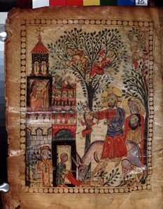 Kristuksen tulo Jerusalemiin (Israel). Valaistus Codex Matenadaran -mestari (1200-luku), miniatyyri, akvarelli pergamentille