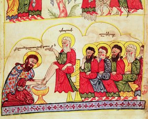 Ms 404 fol.7v Kristus pesee opetuslasten jalkoja, 12.-13. vuosisata