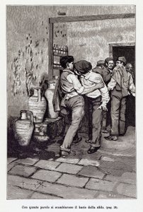 Kuolevainen "suudelma" kutsuu Sisilian kaksintaisteluun, itse asiassa purema korvaan. Arnaldo Ferragutin kuvitus Giovanni Vergan uudelle "" Cavalleria Rusticanalle "". 1897