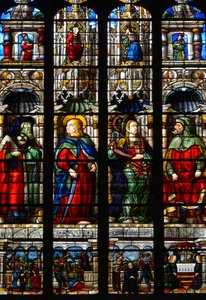 Pyhä Mattias (Mathias), Ezra (tai Ezra), Profeetta Habakuk (tai Habakuk) ja Sibylle Tiburtine (eli Tiburin Albunea) - Lasimaalaus Arnaud de Molesin (1470-1520) Passion kappelista valmistui vuonna 1513 - Auch Marian katedraali (sak