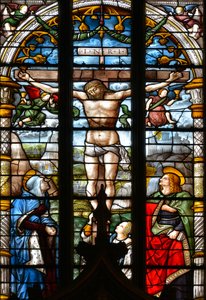 Ristiinnaulitseminen, Neitsyt Marian, Pyhän Johanneksen ja Maria Magdaleena ristin juurella - Lasimaalaukset Pyhän Sakramentin kappelissa, Arnaud de Moles (1470-1520) valmistui vuonna 1513 - Cathedrale Sainte Marie d