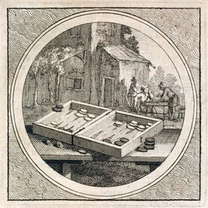 Backgammon-setti ja pelaajat Stichtelyke Zinnebeeldestä tekijältä Arnold Houbraken