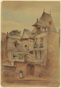 Piirros, katukohtaus keskiaikaisia taloja, n. 1885.