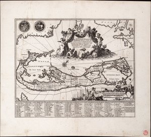 Mappa Aestivarum Insularum, alias Barmudas dictarum. Yksi arkki, kaiverrus. tekijältä Arnoldus Montanus