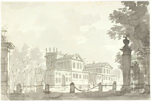Palatsi aidatussa puistossa, t.h. ristikkoportti
