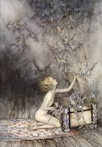 Pandoran lippaan avaus, kohtaus Ihmekirjasta, kirjoittanut Nathaniel Hawthorne (värilitho)