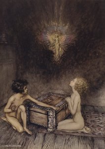 Pandora ja Epimetheus, kohtaus Ihmekirjasta, kirjoittanut Nathaniel Hawthorne (värilitho)