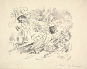 Kaksi naishahmoa maisemassa (kynä paperille) tekijältä Arthur Bowen Davies