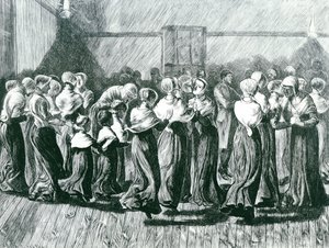 Shakers at a Meeting: The Religious Dance, kuvitus julkaisusta The Graphic, julkaistu 14. toukokuuta 1870 tekijältä Arthur Boyd Houghton
