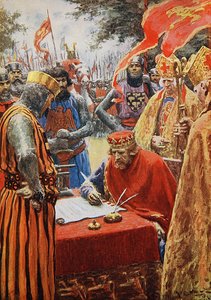 Kuningas Johannes allekirjoittaa Magna Cartan vastahakoisesti (väri litho)