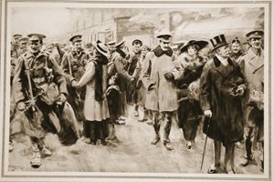 Viikonloppu poissa rintamasta: brittiläiset upseerit ja miehet lyhyellä lomalla juoksuhaudoista saapuvat Victoriaan, "The Illustrated War News" tekijältä Arthur C. (after) Michael