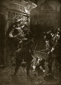 Kuningas Charles II:n kannattajat hyökkäävät Sir John Coventryä vastaan, 1670, esimerkki Hutchinsonin kirjasta "Story of the British Nation", n. 1920 tekijältä Arthur David McCormick