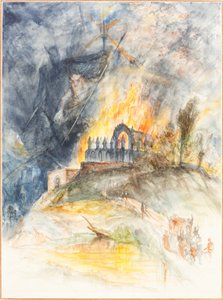 Liekissä oleva kirkollinen rakennus demonien yläpuolella tekijältä Arthur Frederick Payne