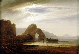 Kuunvalo Giltar Pointissa, lähellä Tenbyä (Englanti), etelästä. Arthur Gilbertin (1819-1885) öljy kankaalle, noin 1872-1874.