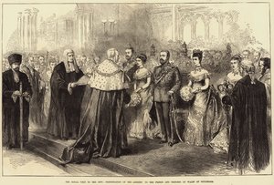 Kuninkaallinen vierailu kaupungissa, puheen esitys Walesin prinssille ja prinsessalle Guildhallissa