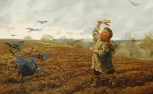 The Crow-Scarer; "Kyyhkyset ja variset, pitäkää huolta varpaistasi", 1884 tekijältä Arthur Hughes