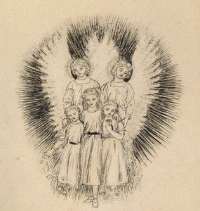 Kolme pientä lasta leveällä maapallolla (kynä ja musta muste luonnonvalkoiselle paperille) tekijältä Arthur Hughes