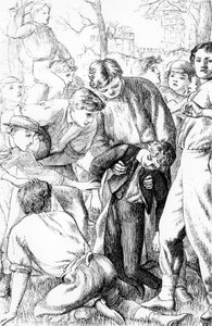 Tomin ensimmäinen saavutus jalkapallossa, kuvitus Thomas Hughesin (1822-96) "Tom Brownin koulupäivistä", painos 1869 tekijältä Arthur Hughes