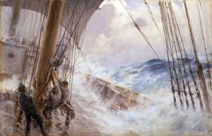 Manööverit purjeen laskemiseksi päämastosta myrskyssä. Öljy kankaalle tekijältä Arthur John Briscoe